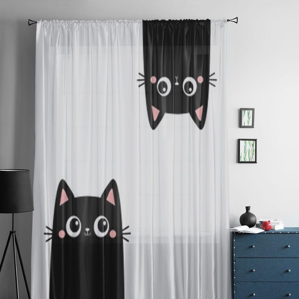 Two Black Kitten Sheer Curtains For Living Room Window Transparent Voile Tulle Curtain Bedroom Drapes Home Decor