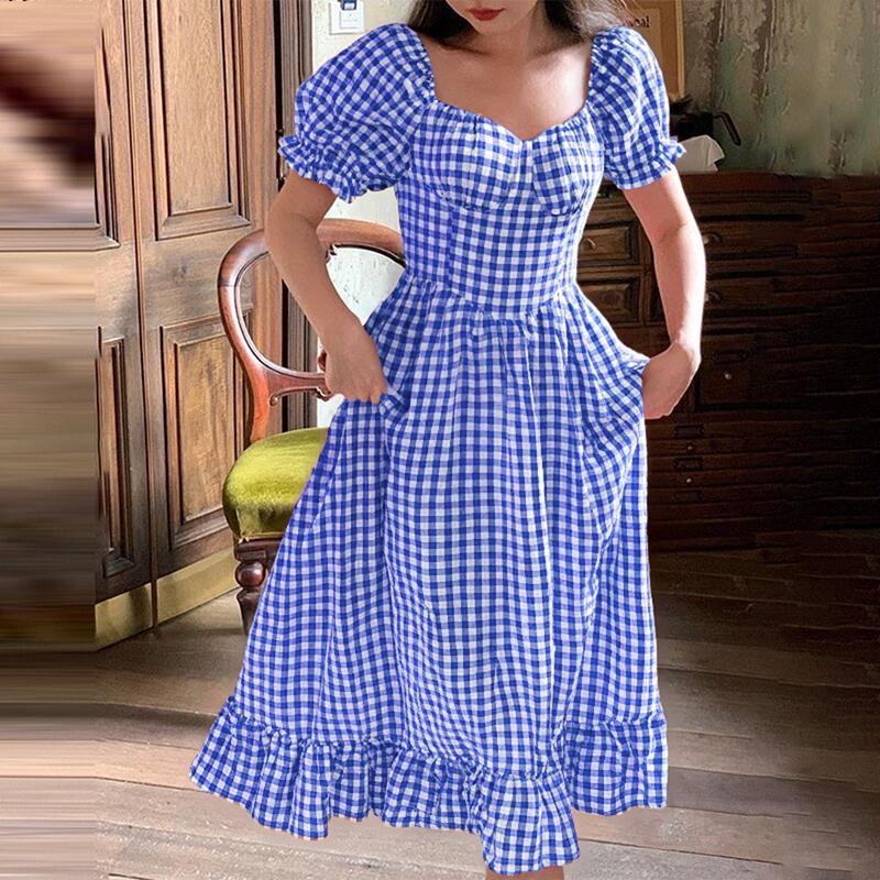 

ZANZEA Женское повседневное платье с квадратным воротником и короткими рукавами в летний сетчатый узор 5XL синий