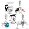 925 Silver Graduation Season Charms Beads Bachelor Cap Suitcase Airplane Dangle Fit Original Bangle Bracelet Jewelry