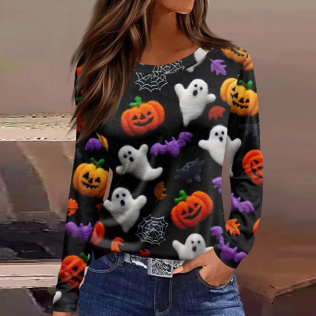 Mote Casual Langermet Trykk Rund Hals Pullover Topp Bluse for Kvinner
