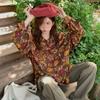 Red Printed Retro Hong Kong Style Floral Long-sleeved Shirt for Women Vintage-feeling Shirt Loose Top
