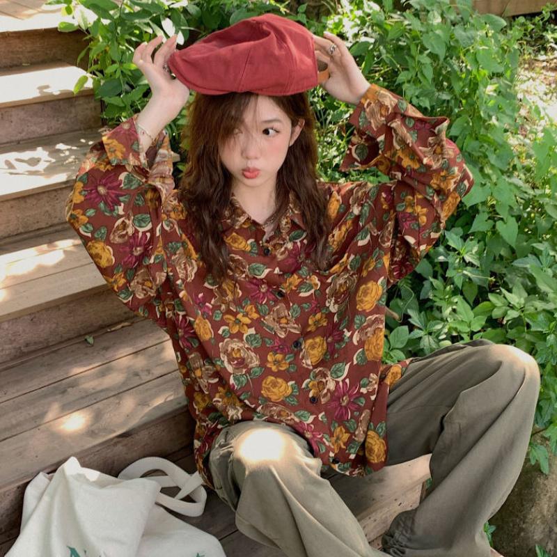 Red Printed Retro Hong Kong Style Floral Long-sleeved Shirt for Women Vintage-feeling Shirt Loose Top