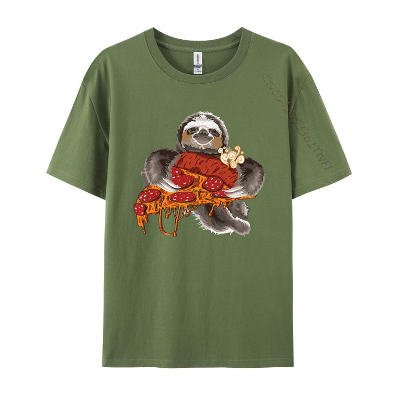 Sloth Holding Pepperoni Pizza Funny TShirt Tee Top Camisas Men Casual Clothing Gift Newest Tshirt Streetwear