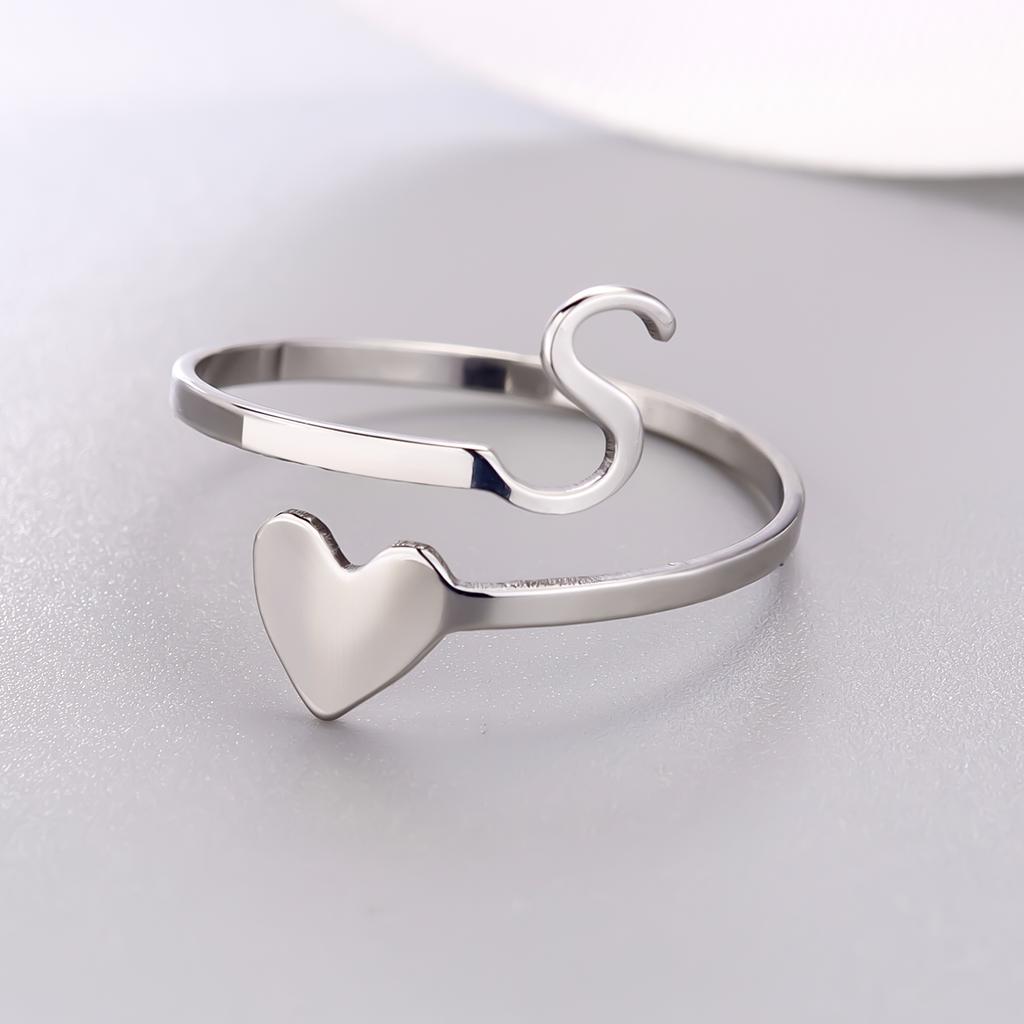 Silver Color 26 Letter Love Heart Rings Stainless Steel Open Ring for Women Men Couple Initial Name Finger Jewelry Gifts
