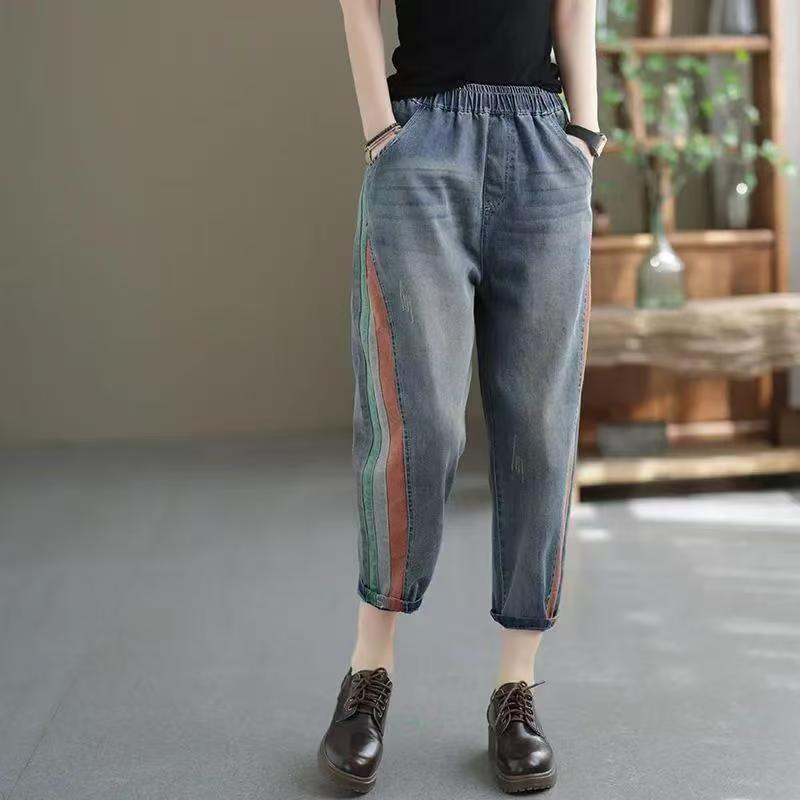 Patchwork Color - Blocking Denim 9 - Point Pants for Women, Retro - style, Summer Thin Model, Elastic and Loose, Casual Harem - style Jeans