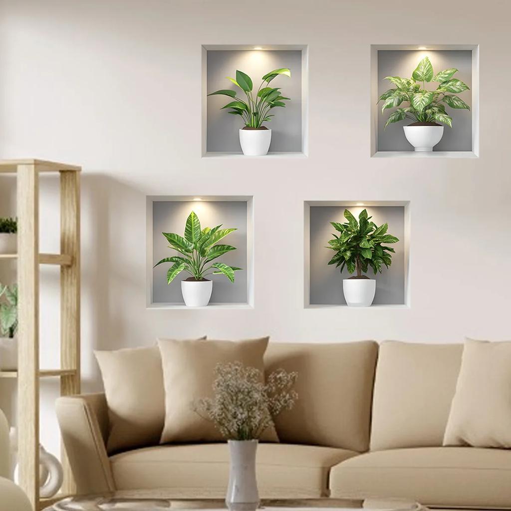 New 4PCS Tropical Green Plants Potted Plant Wall Stickers for Bedroom, Living Room, Entrance, Home Wall Decoration Stickers