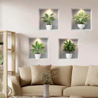 New 4PCS Tropical Green Plants Potted Plant Wall Stickers for Bedroom, Living Room, Entrance, Home Wall Decoration Stickers