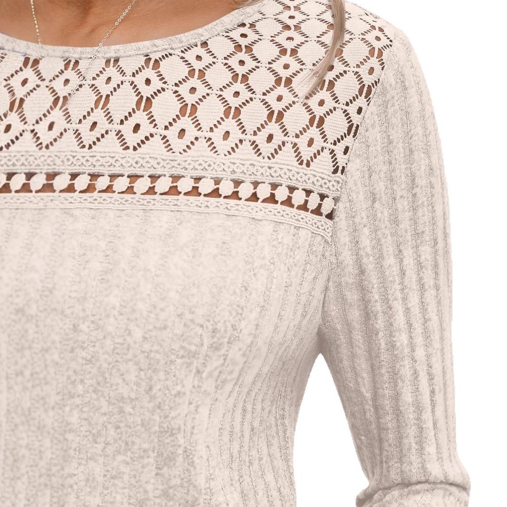 Women's Round Neck Long Sleeve Knit Top with Lace Insert and Contrast Band