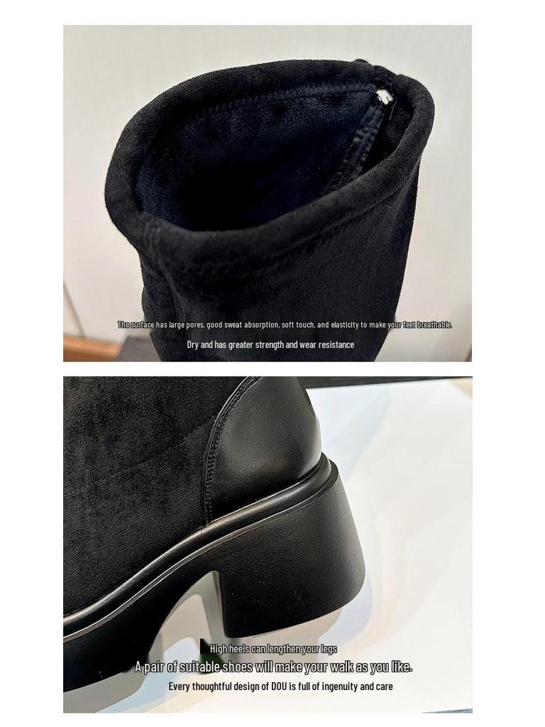 Wide Fit Over-the-Knee Elastic Sheepskin Velvet Boots, Plus Size for Autumn/Winter with Thick Sole.