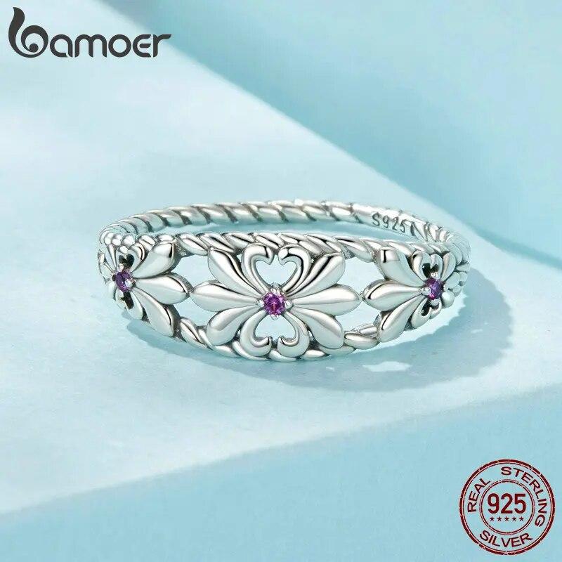 BAMOER 925 Sterling Silver Retro Iris Ring & Earrings Jewelry Set for Women Girls Fine Jewelry Birthday Gift