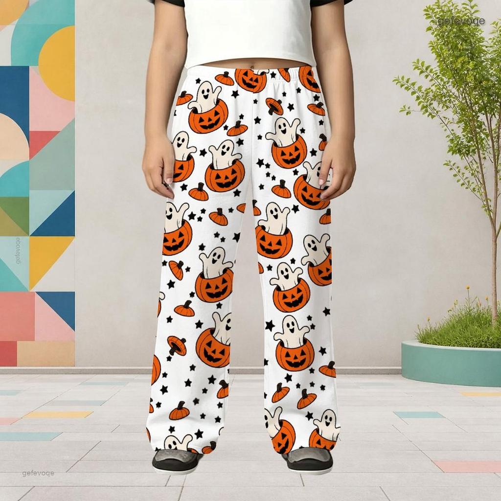Girls White Halloween Cartoon Printed Wide Leg Long Pants