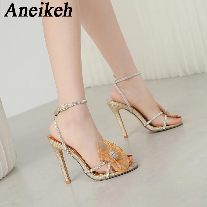 Aneikeh Summer Fashion Crystal Flower Open Toe Rhinestone High Heels Gladiator Sandal Female Elegant Women Wedding Prom Shoes