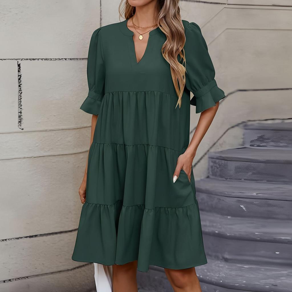 Women's Fashion Casual Slim Middle Sleeve V-Neck Ruffle Dresses
