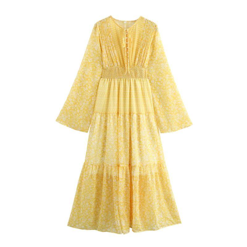 

Kaslead New Arrival Women s Clothing Fashion Style Fashion Minimalist Small Floral Chiffon Long Sleeve Dress Yellow L