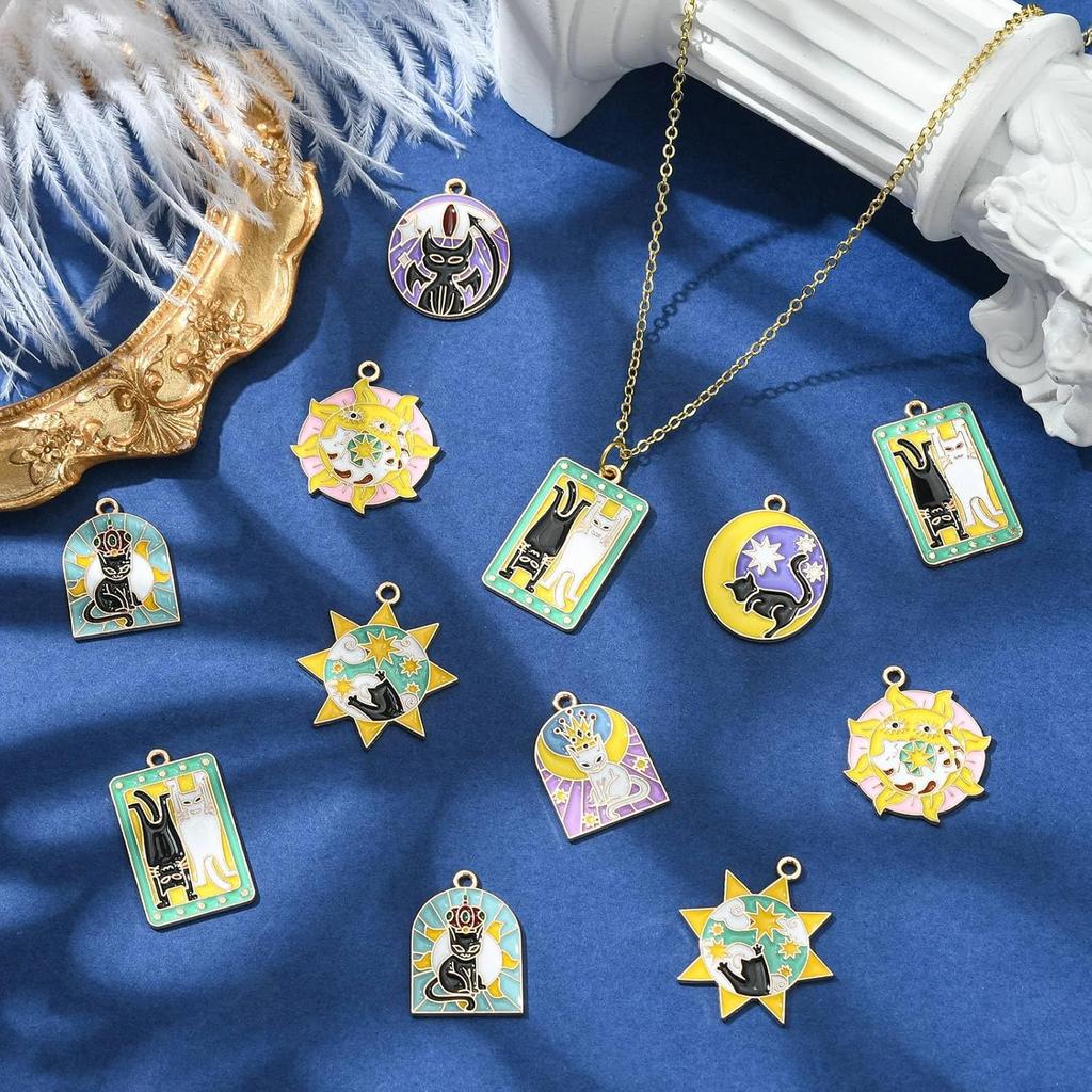 UR URLIFEHALL 40 Pcs 8 Styles Enamel Tarot Charms Colorful Tarot Card Charms Black White Cat Sun Moon Charms for Bracelet Necklace Earrings Jewelry