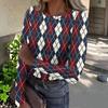 Women's Casual Neck Plaid Print Long Sleeve Ribbed Knit Top for Everyday Wear