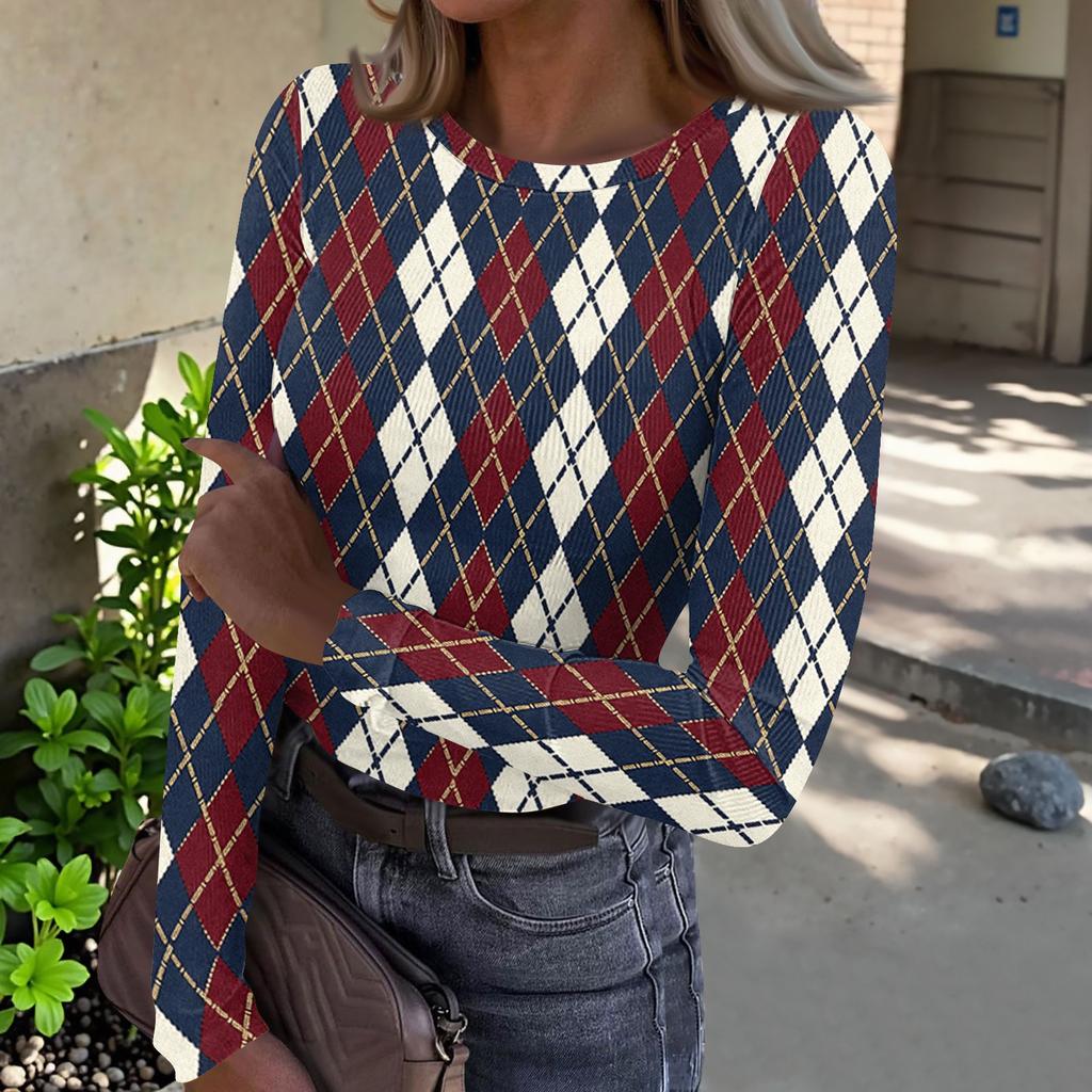 Women's Casual Neck Plaid Print Long Sleeve Ribbed Knit Top for Everyday Wear