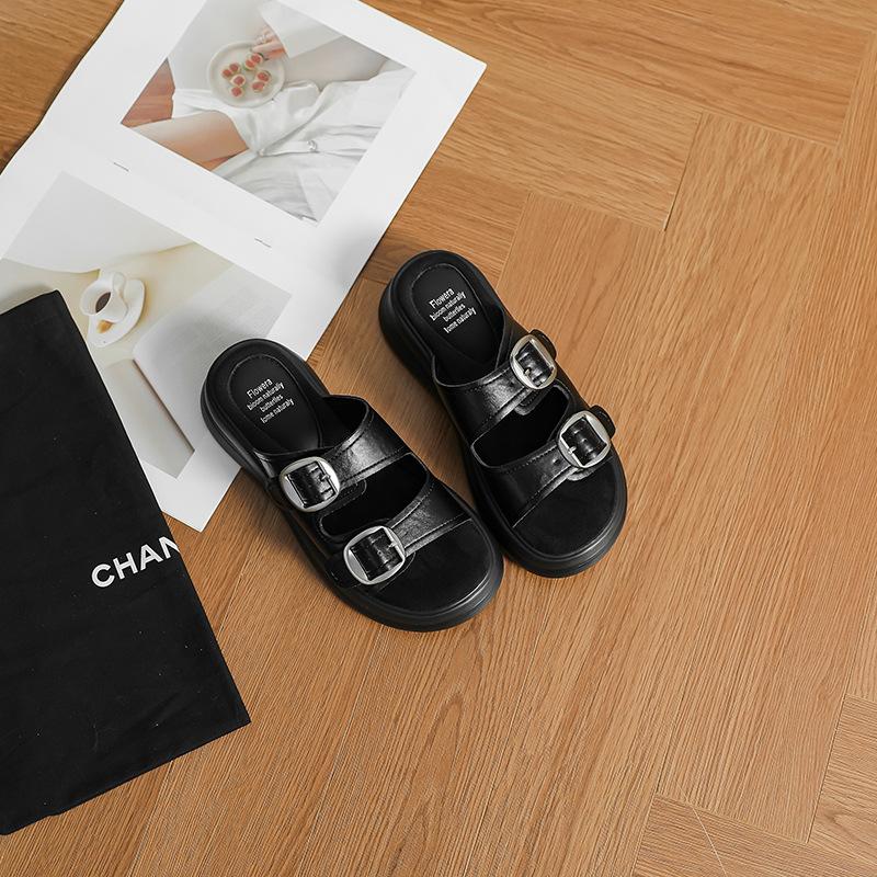 

Comfort~ Retro thick-soled slippers women s open-toe one-word slippers versatile height-increasing French belt buckle cool slippers summer 40 чёрный