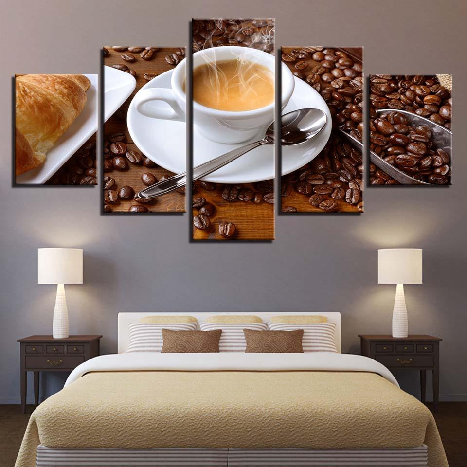 HD-trykte bilder Veggkunst Lerret Maleri 5 Paneler Kaffe For Stue Kaffebønner Hjemmedekorasjon Uten Ramme