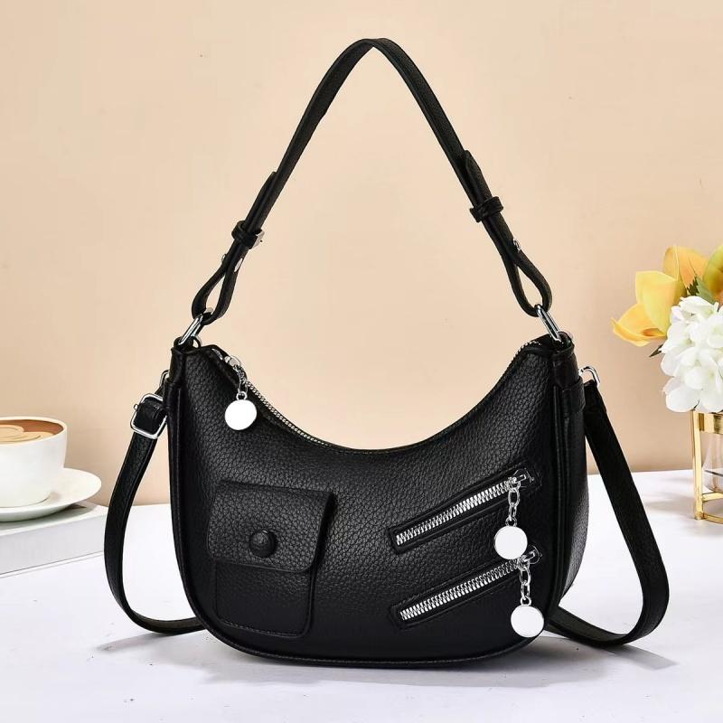 Fashionable Crescent Shoulder Bag with Multiple Zippers and Pocket Details Simple Crossbody Bag Solid Color Suitable for Daily Shopping