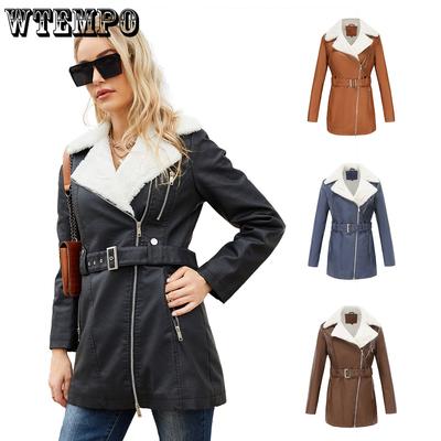 Long Sleeved Fleece Leather Jacket for Women with Double Headed Zipper and Waist Belt Winter Coat Warm Jacket Solid Color Cotton Jacket