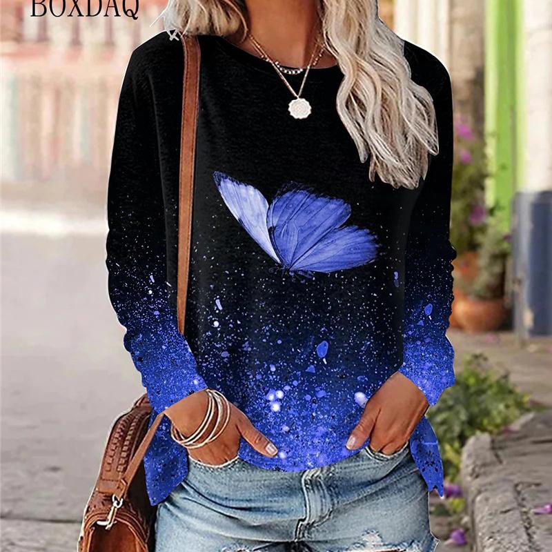 Butterfly Pattern Women Street Hip Hop T-Shirts Long Sleeve Spring Autumn 3d Tie-dye Print Fashion Ladies Tees 6XL Big Size Tops
