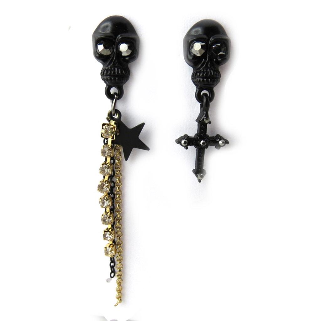 Les Trésors De Lily [N0991] - Golden Black 'Skull' Designer Earrings (Asymmetrical)