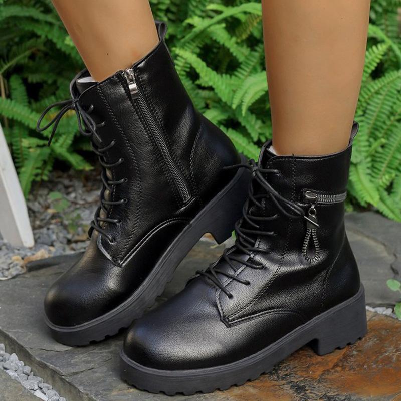 Fashion Black Pu Leather Modern Boots for Women Autumn Winter Lace Up Platform Ankle Boots Woman Zipper Short Plush Booties Female