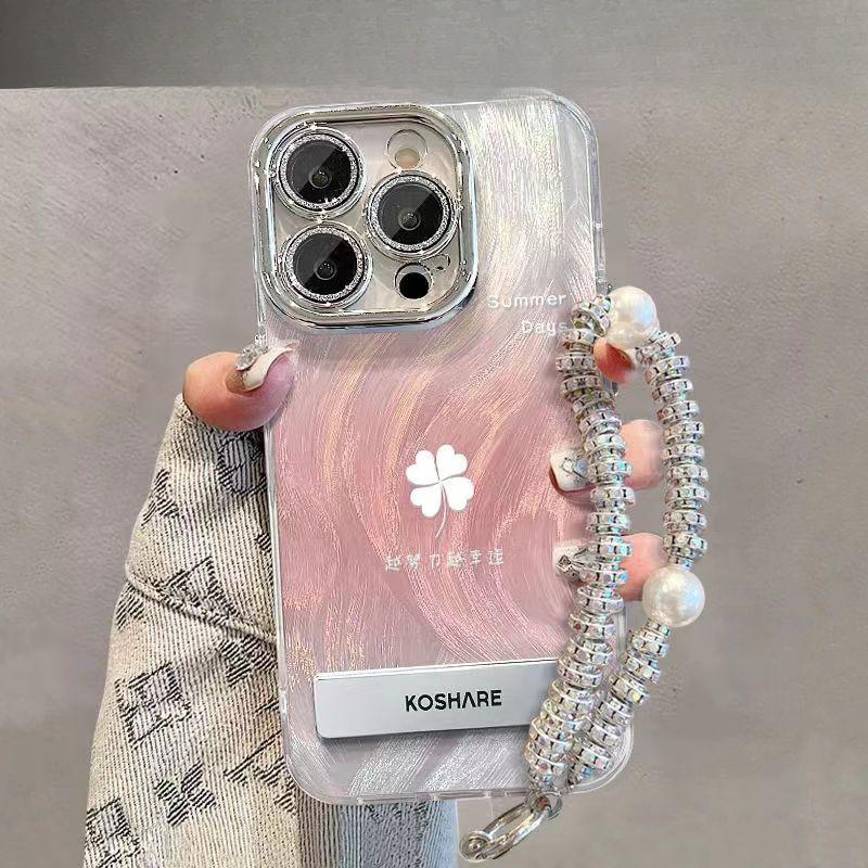 Pouzdro Lucky Four-Leaf Clover pro iPhone 15 Pro Max 14 13 12 11 Xs- S držákem na telefon a náramkem All Inclusive pouzdro na telefon Péřový kryt na iPhone