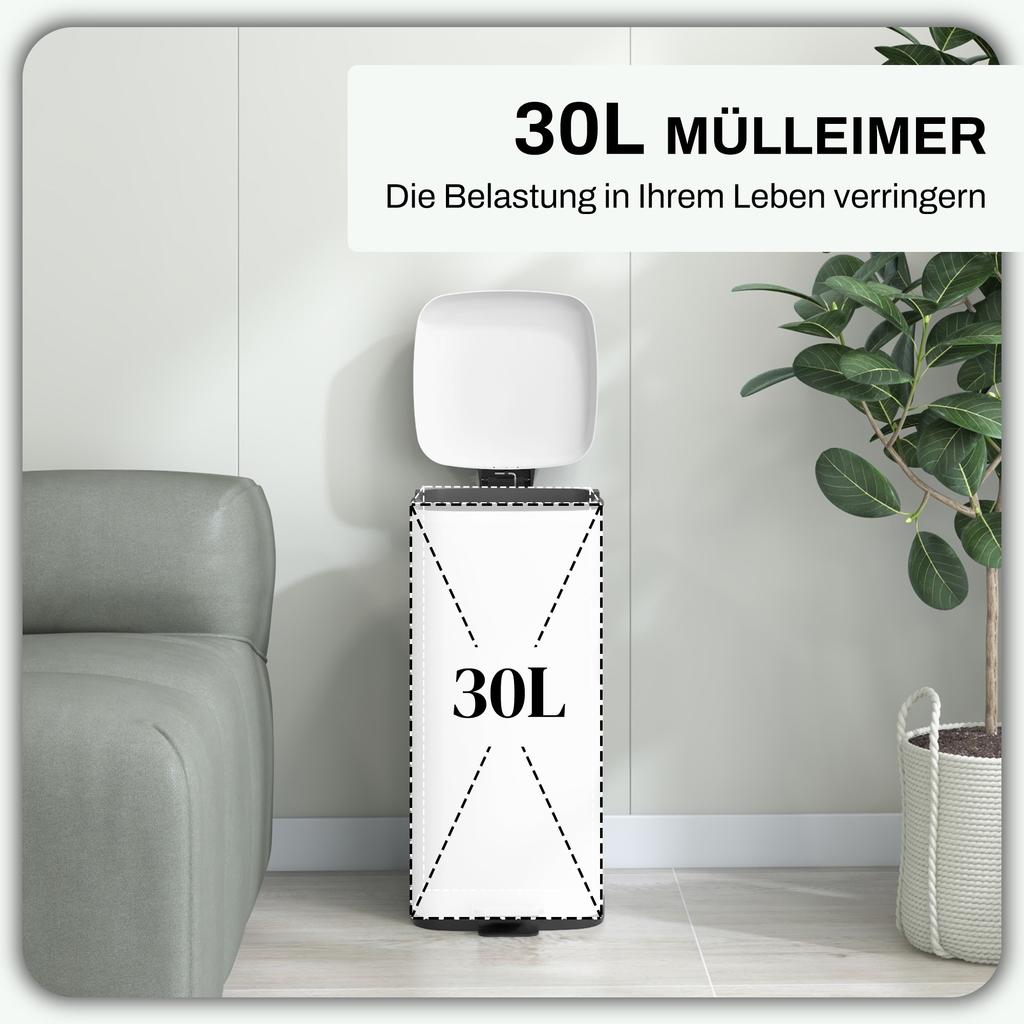 Trash Can 30L, Soft-Close Lid, Fingerprint-Proof, Foot Pedal, Metal/Plastic, 28x35x63.5 Cm, White