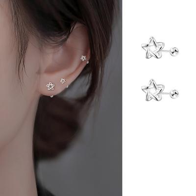 S925 Silver-plated Stud Earrings Hollowed Out Five-pointed Star Stud Earrings Women's Personality Line Braided Screw Screw Buckle Star Earrings