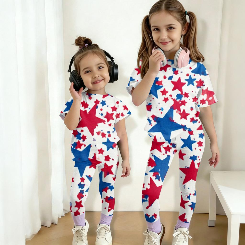 Jungen und Mädchen Unabhängigkeitstag Druck Set Kinder Freizeit Kurzarm Oberteil und Lange Hosen Set