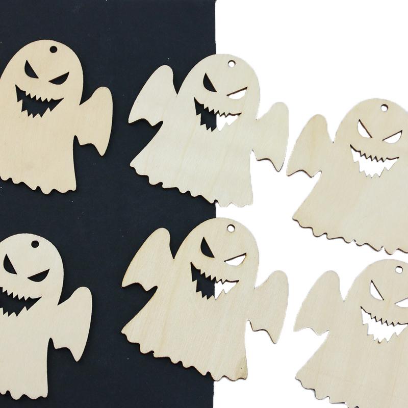 (10pcs/pack) 8cm Halloween DIY Wooden Ghost Decoration Pendant Festival Party Scene Decorations Props Accessories DIY