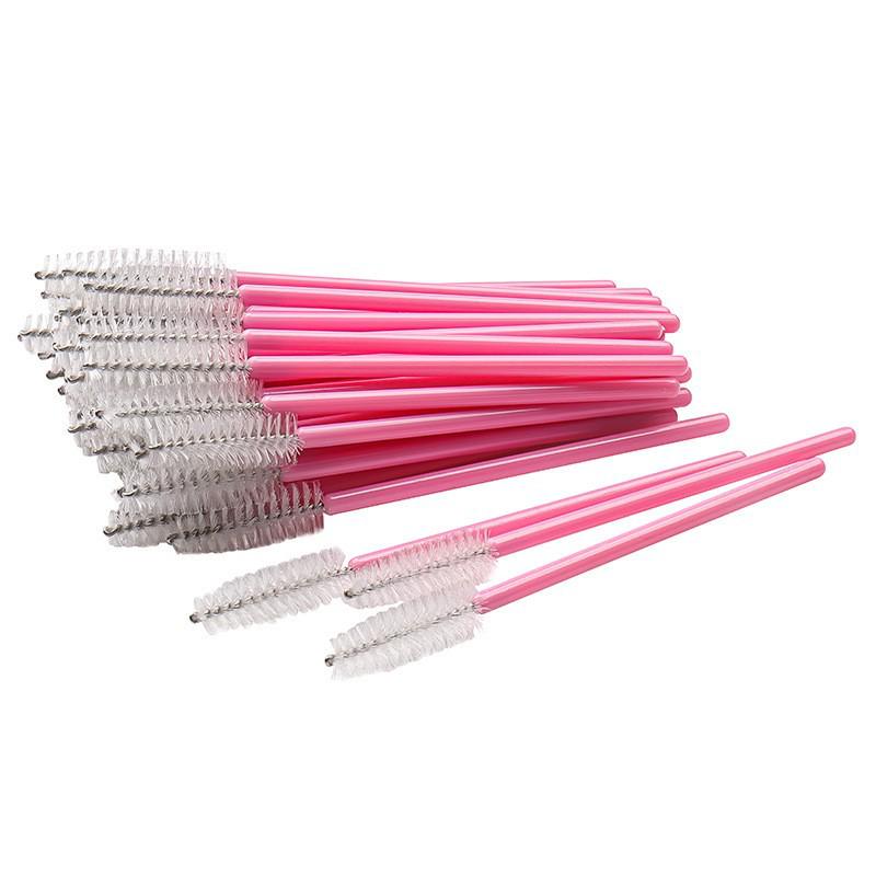 50-Pack Disposable Eyelash Brushes - Portable Pink-Handled Makeup Tool for Eyebrow and Eyelash Application.