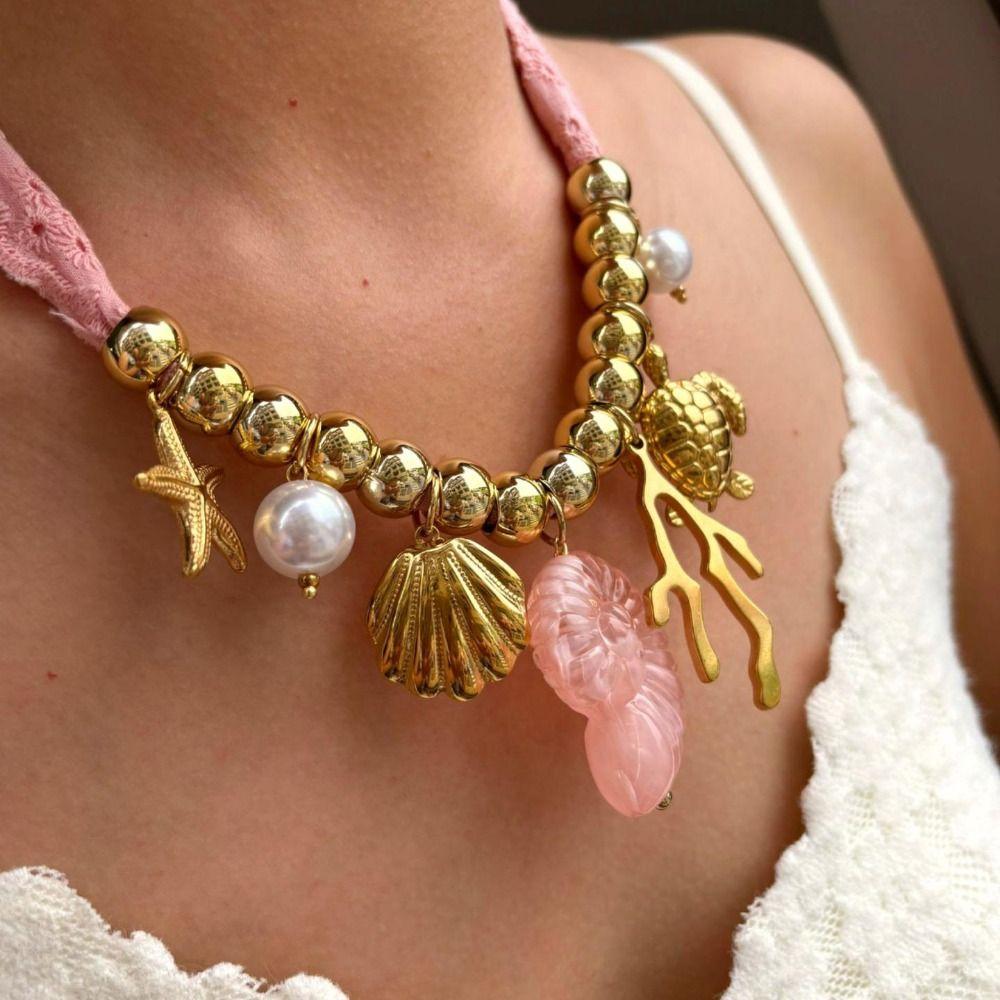 Retro Schelp Doek Wikkel Sjaal Ketting Ketting Bloemen Schelp Strand Oceaan Serie Ketting Etnische Stijl Parel Dopamine Ketting Mannen