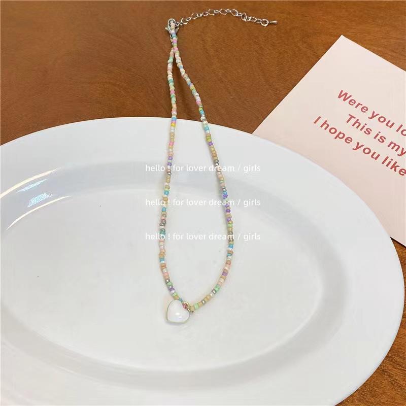 New Versatile Mori Candy Color Love Rice Bead Necklace Beaded Girl Sweet Temperament Clavicle Chain Woman