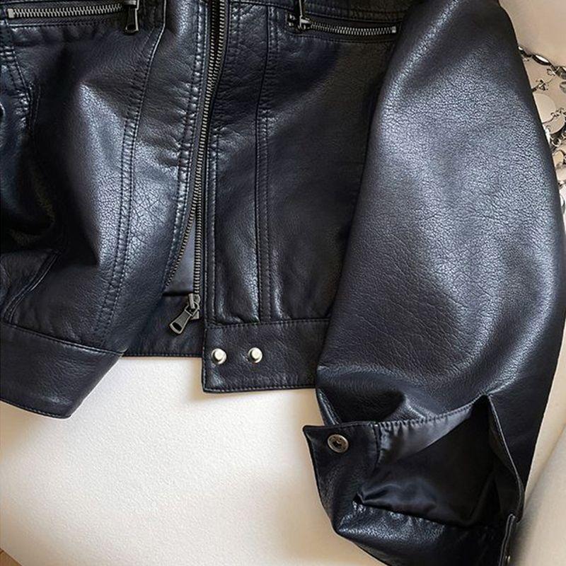 Vintage Style Motorcycle PU Short Loose Jacket Women's Spring/Autumn Retro Wide Collar PU Leather Short Loose Jacket