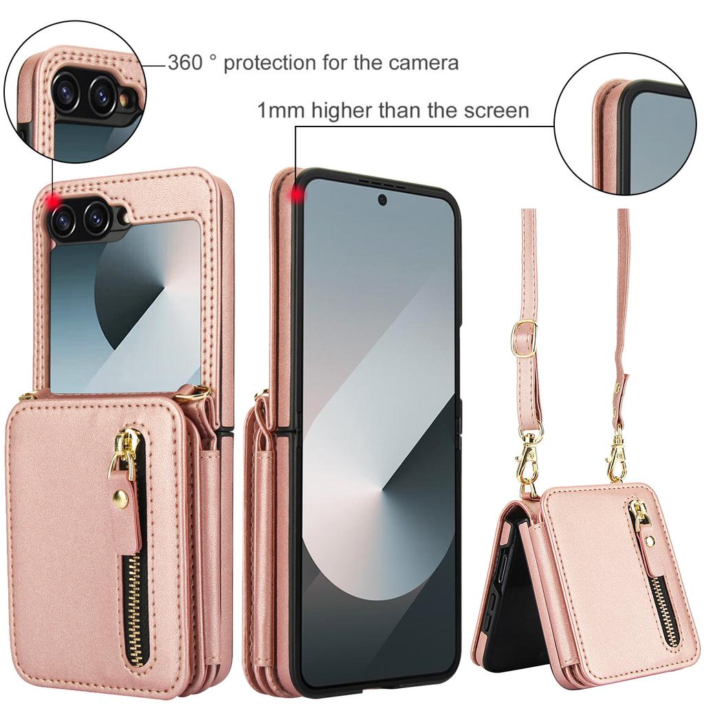 Applicable To Samsung Z Flip6 Mobile Phone Leather Case Z Flip5 Solid Color Card Zipper Change Bag Diagonal Strap Card Bag