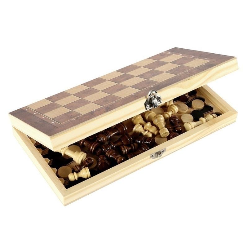 Wood Chess Set Folding Chess Board Game Portable Party Travel Chess Checkers Educational Toy Beginner Chesses Set
