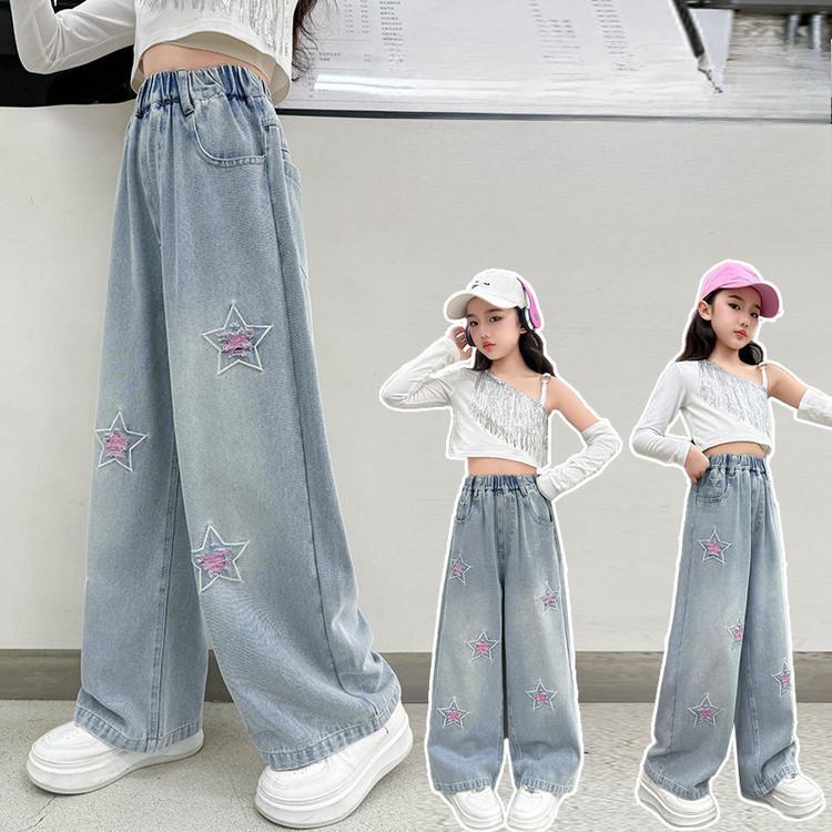 Girls' Pentagram Jeans Autumn Clothing Children's Korean Straight Leg Pants Spring and Autumn Pants