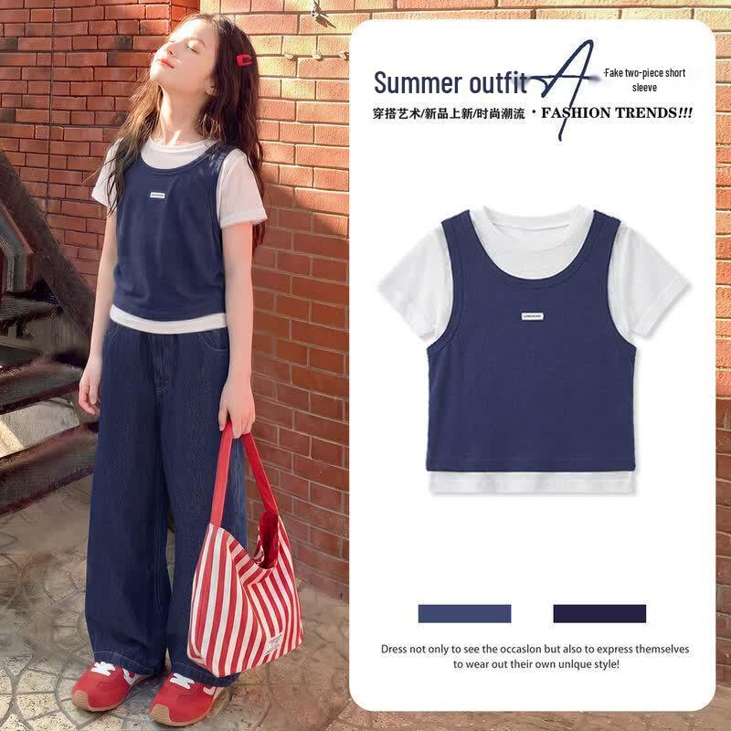 Moonkids Girls 2026 Summer Short Sleeve & Tencel Denim Set 140cm