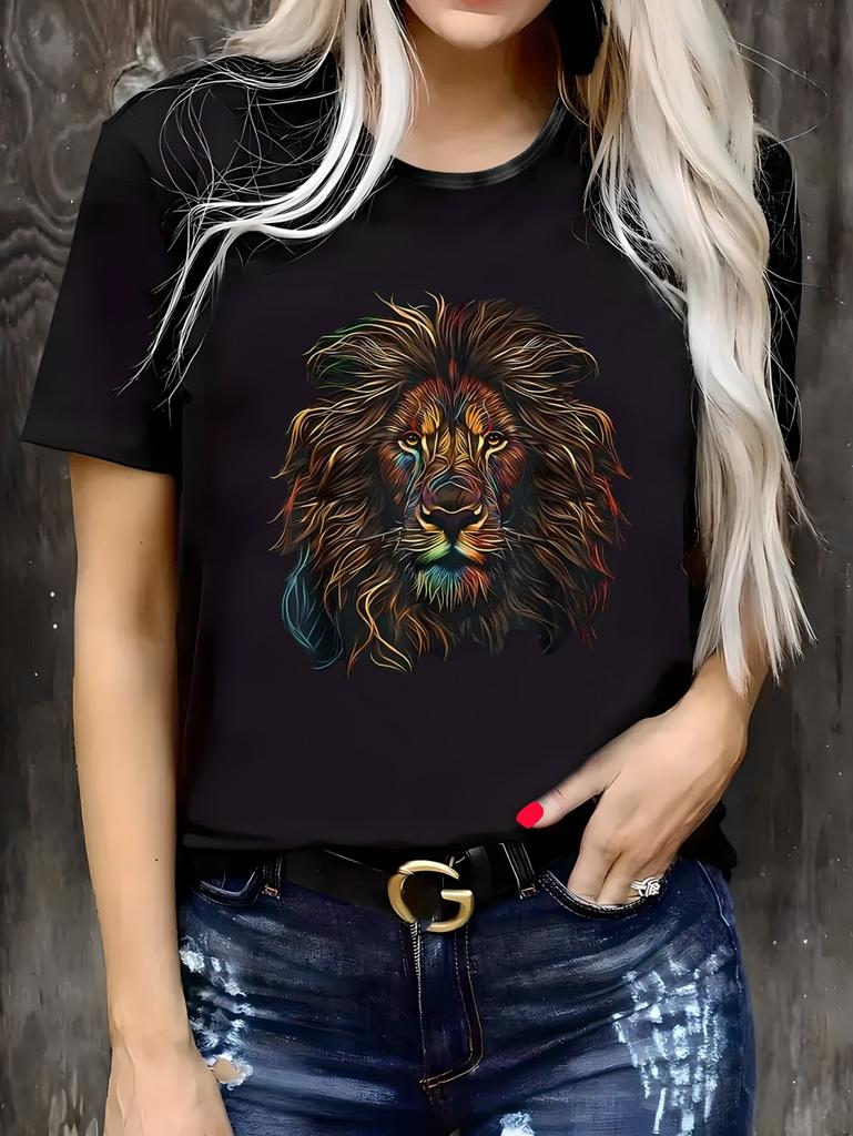 Summer Women's Casual Short Sleeve T-Shirt Vibrant Lion Geometric Print Fashion Casual Tops Tees Y2k Versatile Women's Clothes