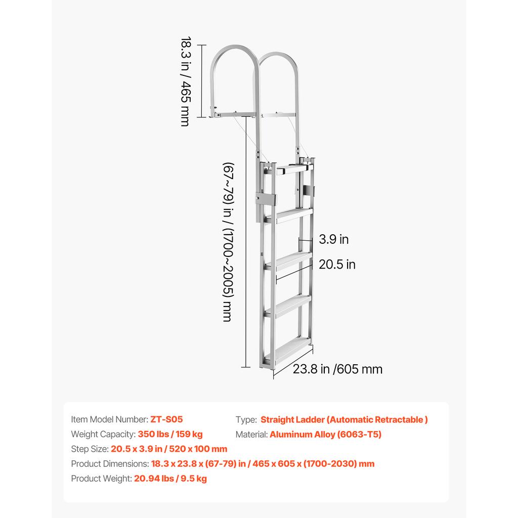 SucceBuy 5 Steps Retractable Dock Ladder Pontoon Boat Swim Ladder with Non-Slip Steps Adjustable Height for Boat Marine Boarding