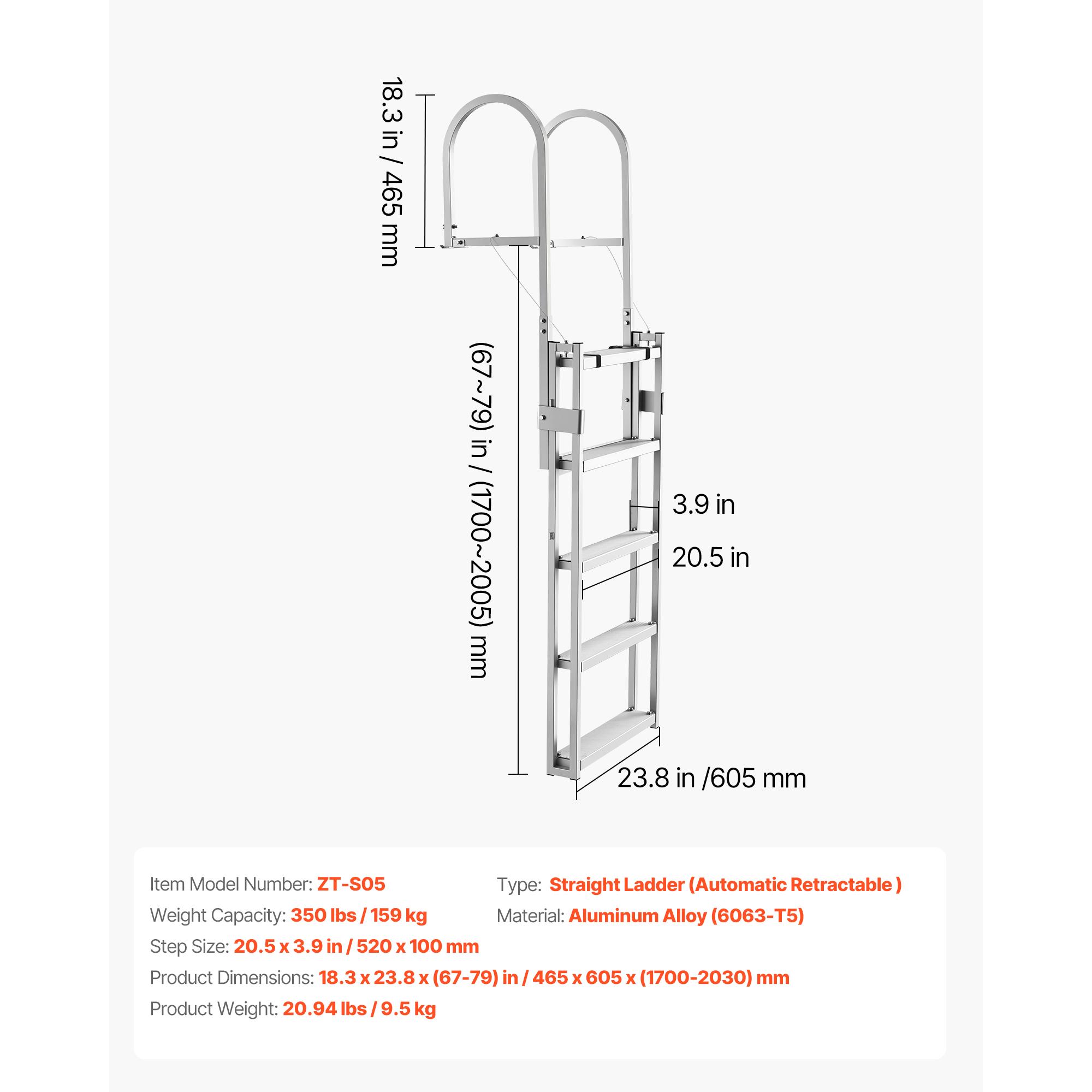 SucceBuy 5 Steps Retractable Dock Ladder Pontoon Boat Swim Ladder with Non-Slip Steps Adjustable Height for Boat Marine Boarding