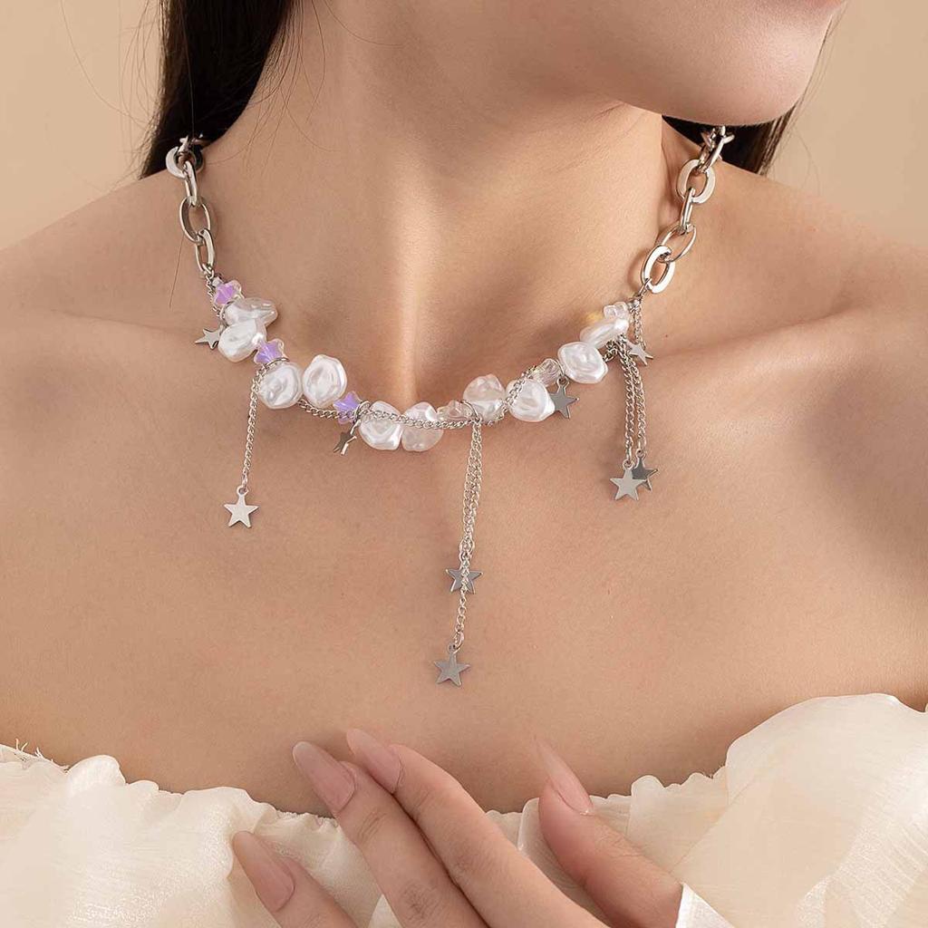 Irregular Pearl Star Fringe Necklace High-End Sense Collarbone Chain Japanese And Korean Niche Design Sweet And Cool Style Jewelry Women