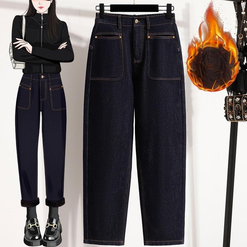 

DIMANAF 2025 Осень Зима Женские Джинсы Большого Размера Брюки Толстый Флисовый Деним Женские Длинные Брюки Оверсайз Свободные Штаны 3XL