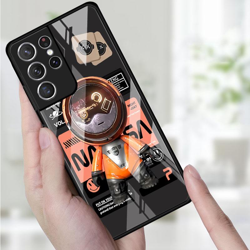 Phone Glass Case For Samsung Galaxy S22 S21 S20 Ultra FE S9 S10 S8 Plus Note 20 10 Lite 9 8 Cover Coque Cute Head Mini Astronaut