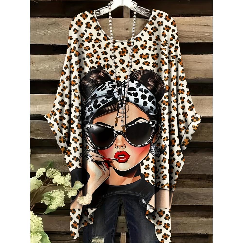 2026 Nueva Camiseta de Mujer Moda Leopardo Estampado 3D Tops Verano Sexy Cuello Redondo Manga Corta Camiseta Calle Casual Holgada Ropa de Mujer