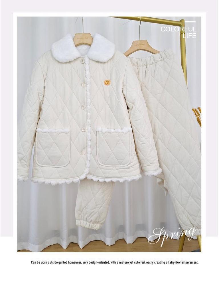 Quilted Women's Winter Pajamas Set: Three-Layer Thick Long-Sleeve Cotton Jacket with Plush Lining