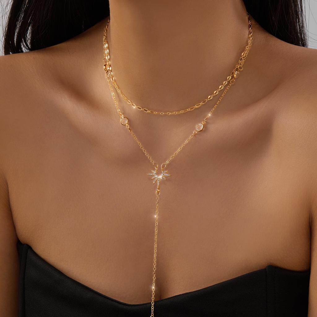 Vintage Gold Color Long Chain Water Drop Necklaces for Women Simple Metal Zircon Sun Geometric Tassel Choker Aesthetics Jewelry